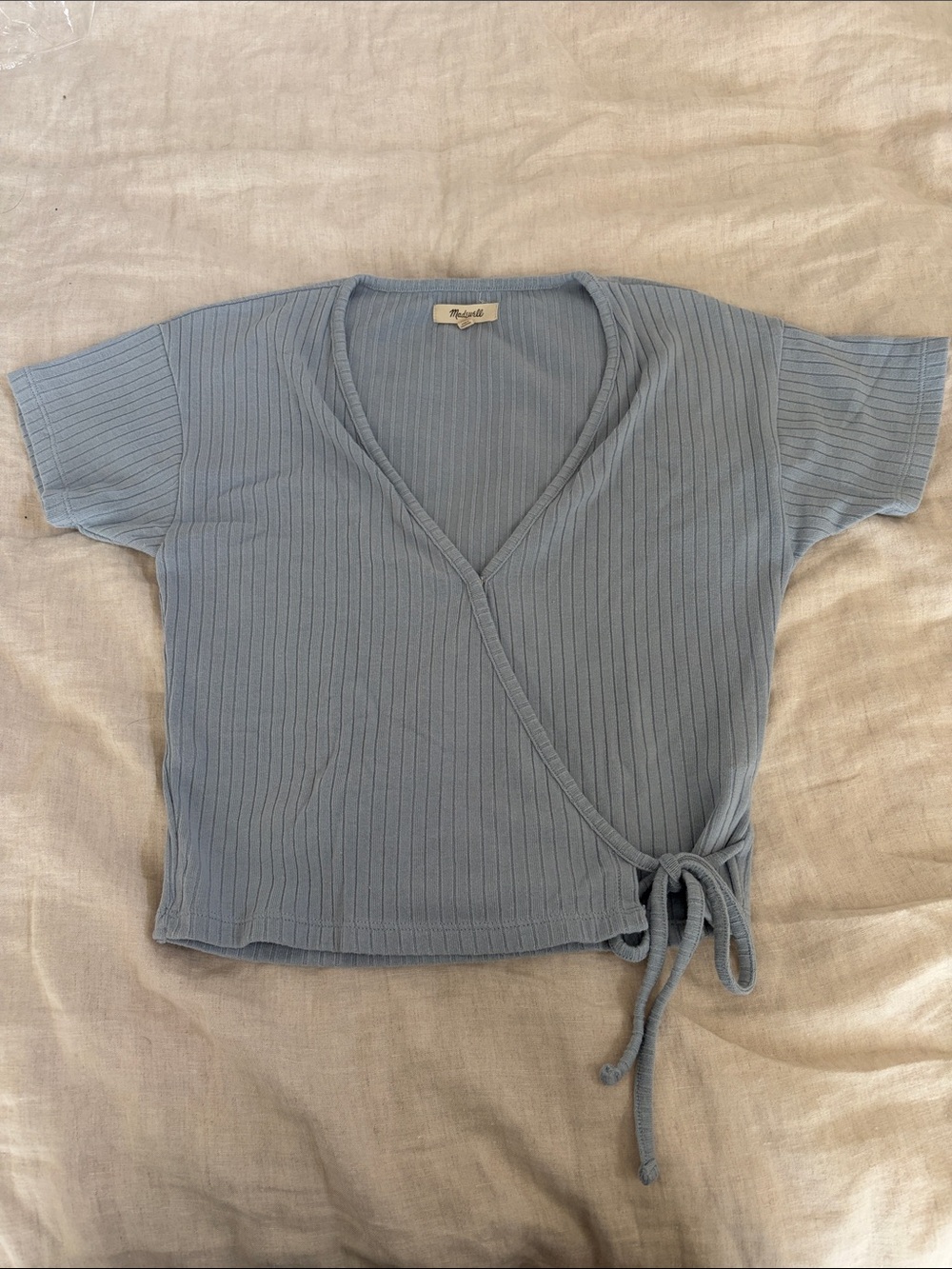 Madewell Dusty Blue Ribbed Wrap Tie Crop Top